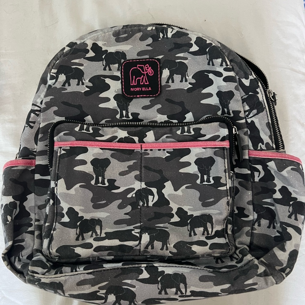 Ivory Ella Gray Camo Elephant Backpack with Pink Accents